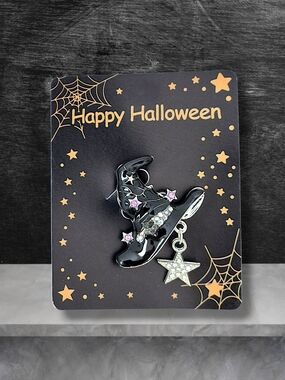 Black Witch's Hat Brooch Pin with Star Charm & Multicolored Crystals